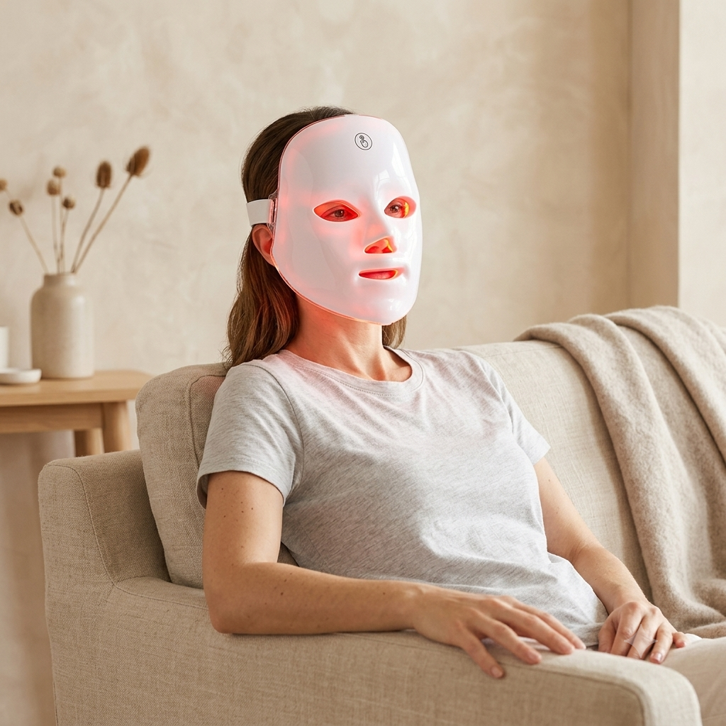 hero main shot — woman wearing glowing LED mask, clean studio background
